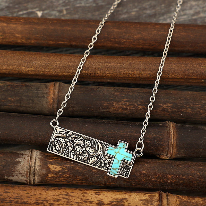 Wholesale Vintage square turquoise cactus lightning cross cowboy boots necklace