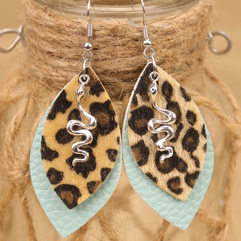 Wholesale Creative Leopard Print Retro Multi-Layered Water Drop Shape Snake Ladies Leather Earrings