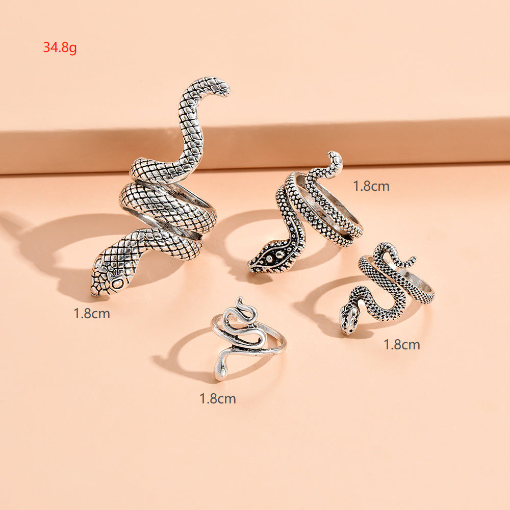 Wholesale  Punk Style Snake-Shaped Animal Retro Exaggerated Four-Piece Ring Set