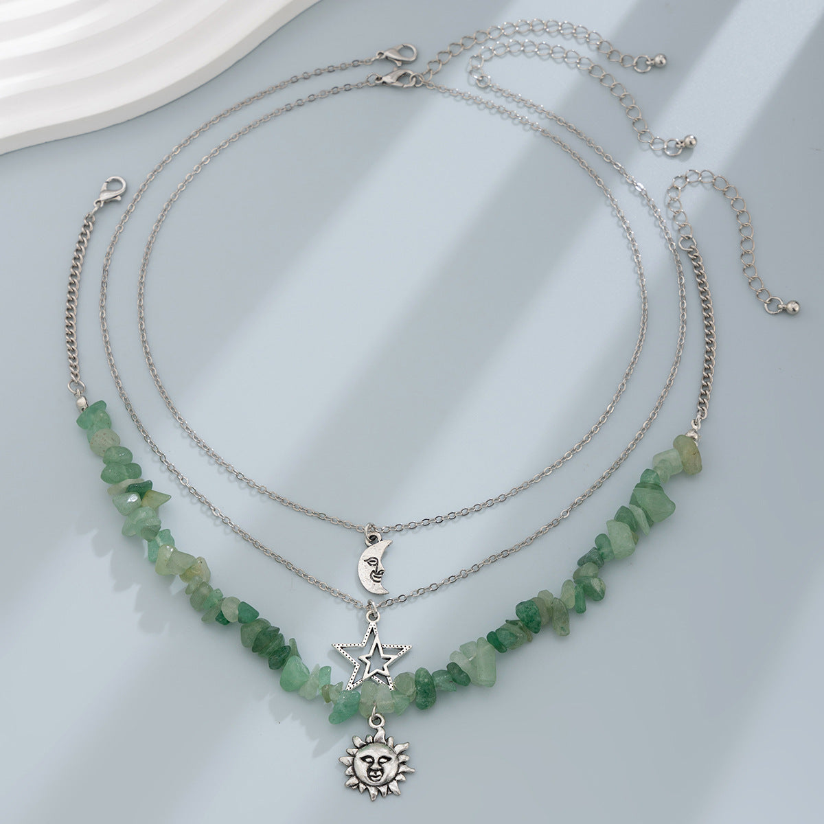 Wholesale Retro Moon Zircon Necklace Mint Green Leaf Design Layering Jewelry Fashion Accessory