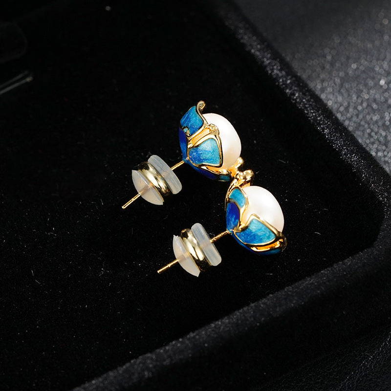 Wholesale pearl blue flower s925 silver needle earring