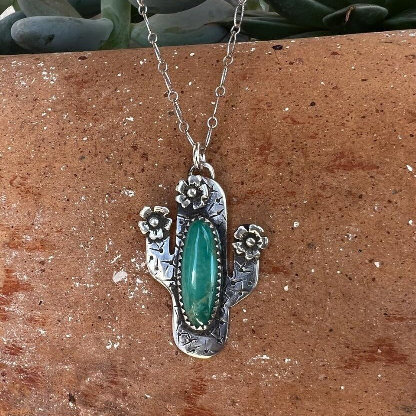 Wholesale Retro Cactus Turquoise Inlay Alloy Pendant Necklace - Boutique Resale Jewelry