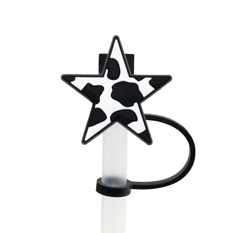 Wholesale 10pcs 7-8mm Straw Tube Cap Cow Patterned Pentagonal Silicone Dustproof Straw Plugs Straw Tube Cap