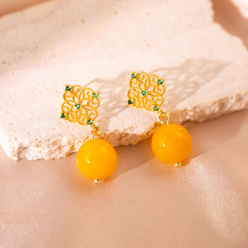 Wholesale Silver Needle  Hollow Zircon Agate Earrings