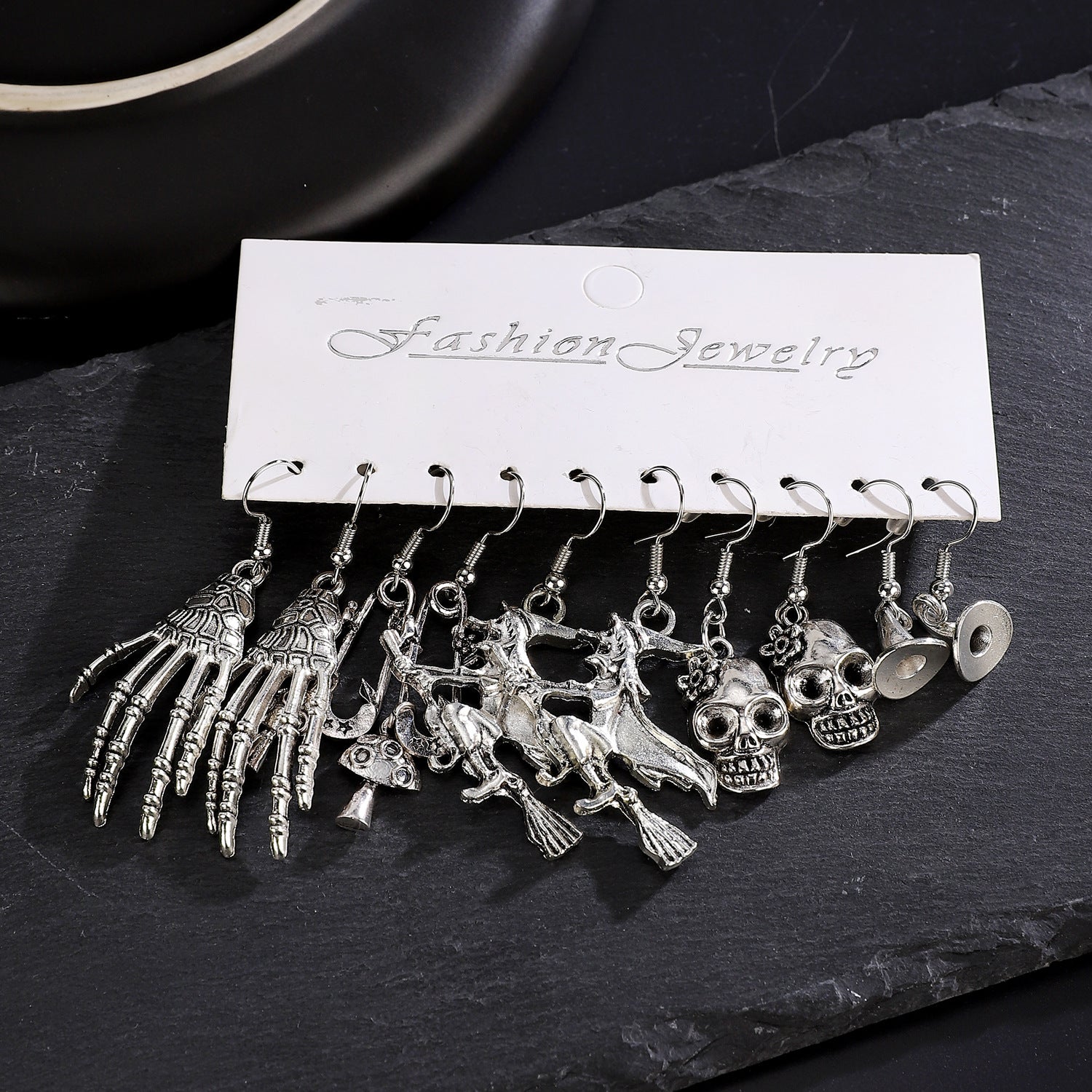 Wholesale Alloy Ancient Silver  Statement Earrings Set – 5 Pairs Pumpkin Skull  Theme,  Party Fashion Accessory