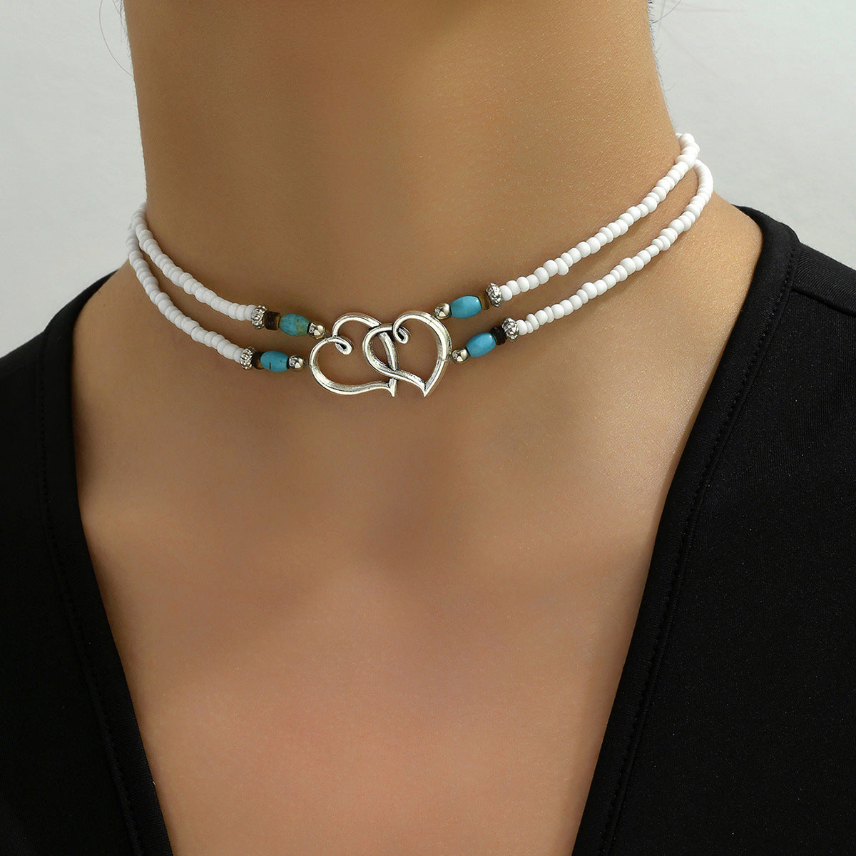 Wholesale  Beach  Necklace Simple Multi-layer Rice Beads Heart Necklace