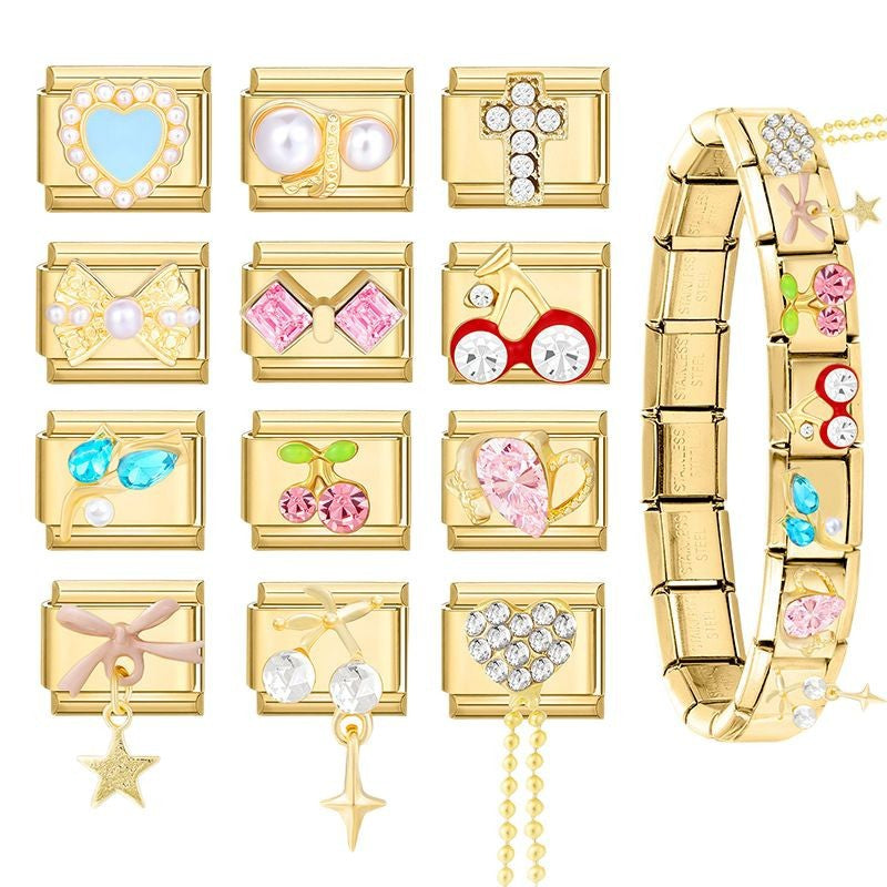 Wholesale Italian Beaded Bracelet 9mm DIY Splicing Removable Gold Bottom Diamond Pendant Series Stainless Steel Combinable Bracelet