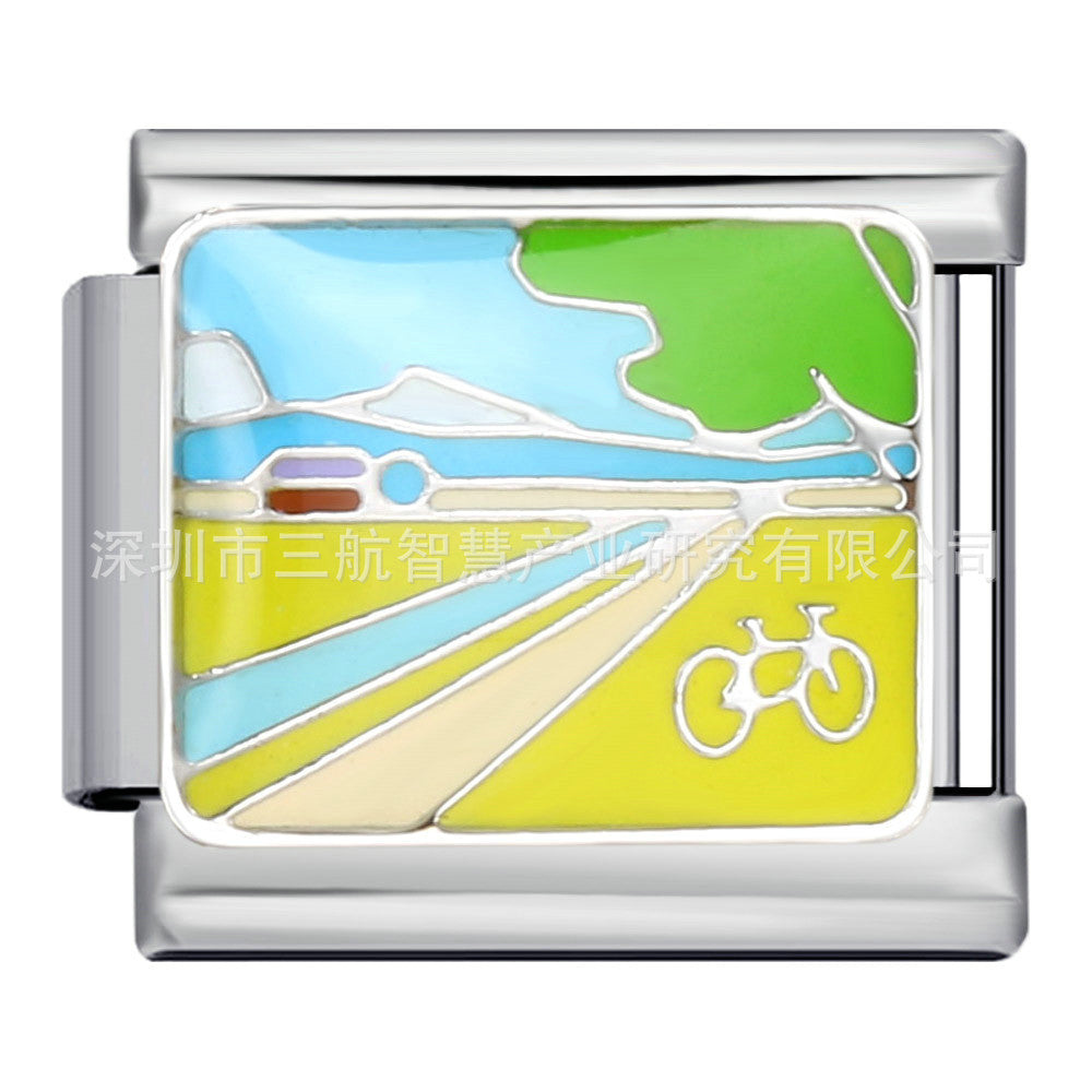 Wholesale 5pcs Italian Charm Bracelet 9mm DIY Splicing Beach Field Sunset Stainless Steel Composable Bracelet