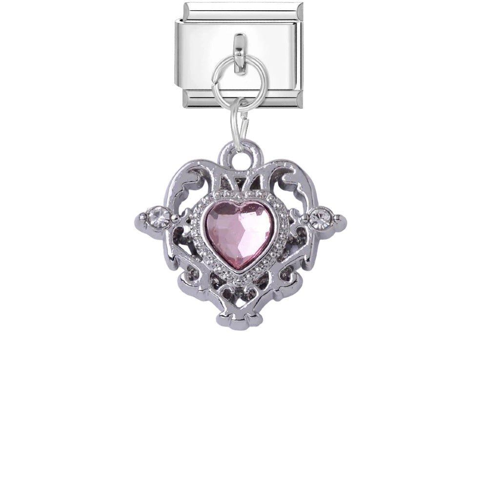 Wholesale DIY Bracelet Charms Pink Crystal Heart Wand Pendant Silver Edge Titanium Steel Jewelry Accessory For Casual Gift