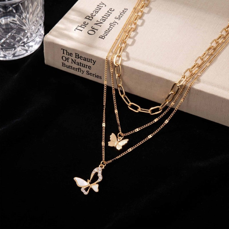 Wholesale Vintage Hollow Out Three Layer Butterfly Layering Necklace For Women Gold Alloy Fashion Accessory Gift