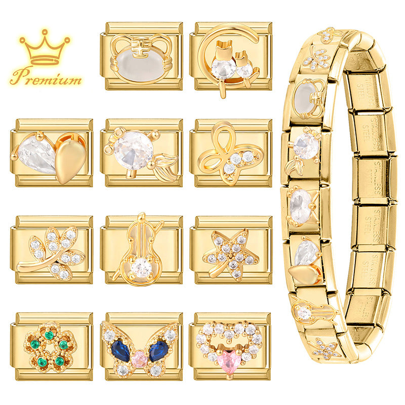 Wholesale DIY Gold-Tone Stainless Steel Modular Bracelet with Tiger and Butterfly Motifs Craft Supply