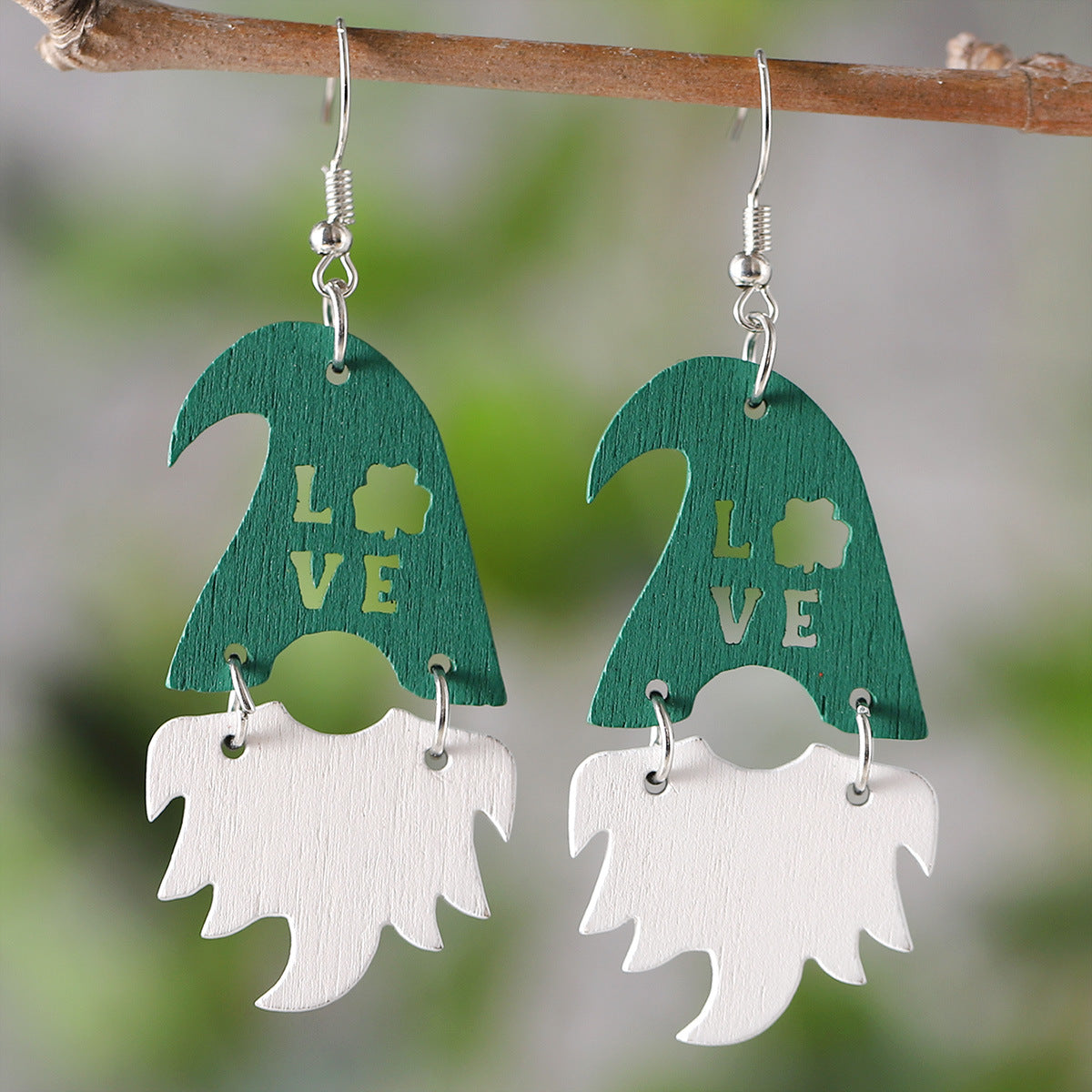 Wholesale St Patrick's Day green hat dwarf beard  LOVE wooden double-sided earrings