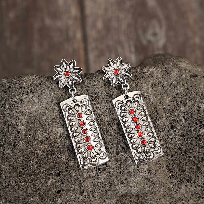 Wholesale Bohemian retro geometric inlaid red alloy earrings