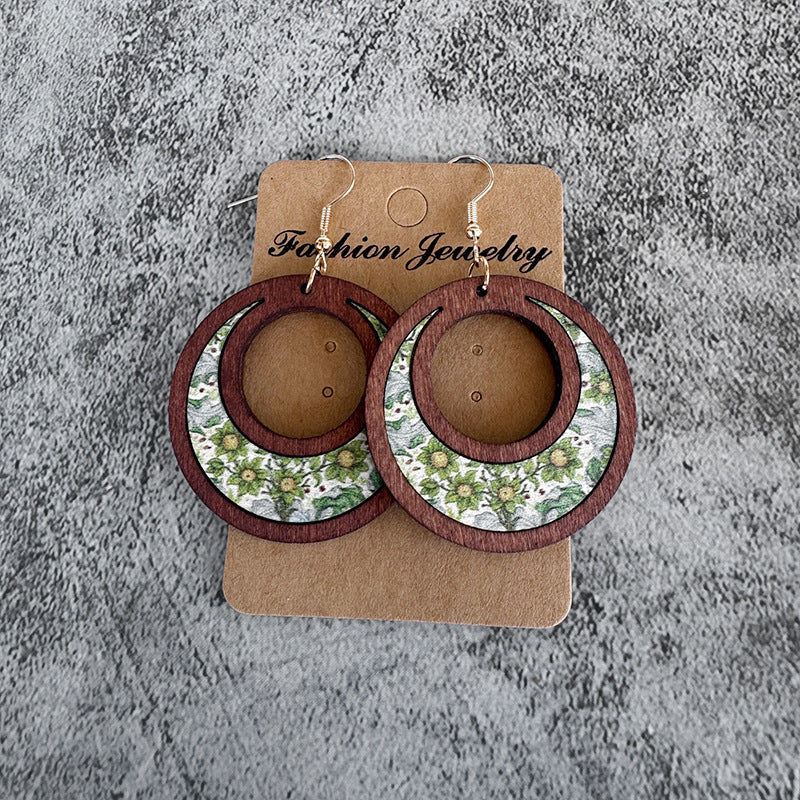 Wholesale Floral wooden earrings sunflower double ring inlaid earrings