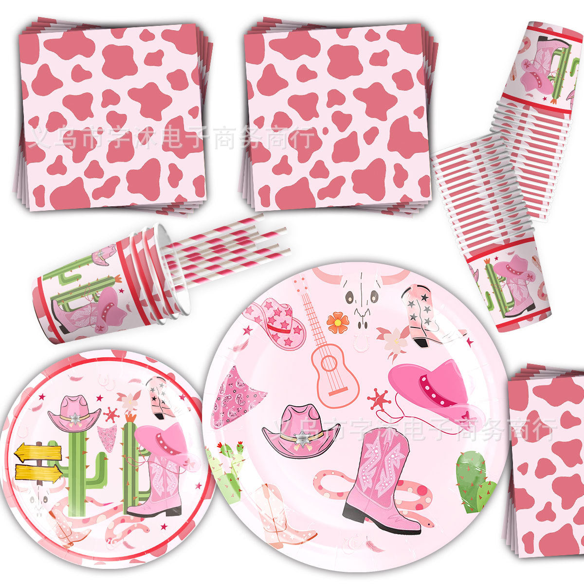 Wholesale Western pink cowboy cap theme party tableware supplies banner pull flag decoration supplies