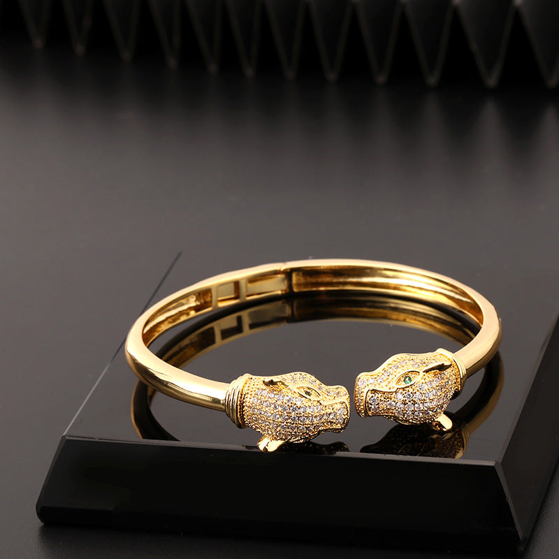 Wholesale Electroplated Copper Leopard Open Bangle With Zircon Trendy Hip Hop Style Jewelry Accessory For Everyday Wear
