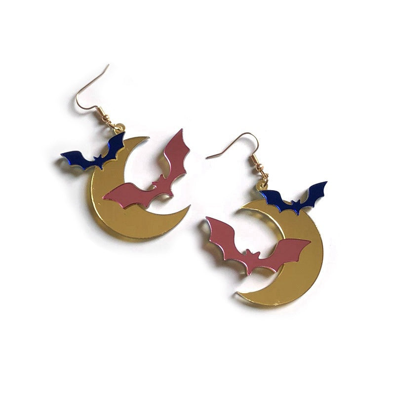 Wholesale Long Mirror Acrylic Gold Moon Bat Earrings  Fashion Accessory