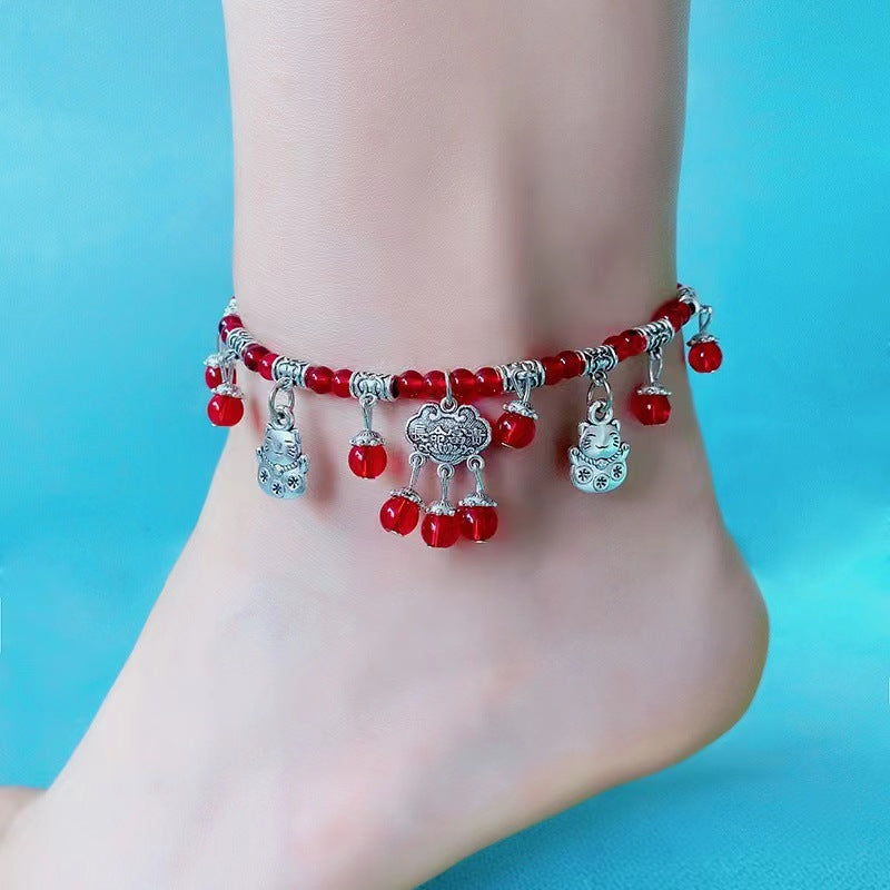 Wholesale Ethnic Tibetan Silver Red Bead Bracelet Anklet
