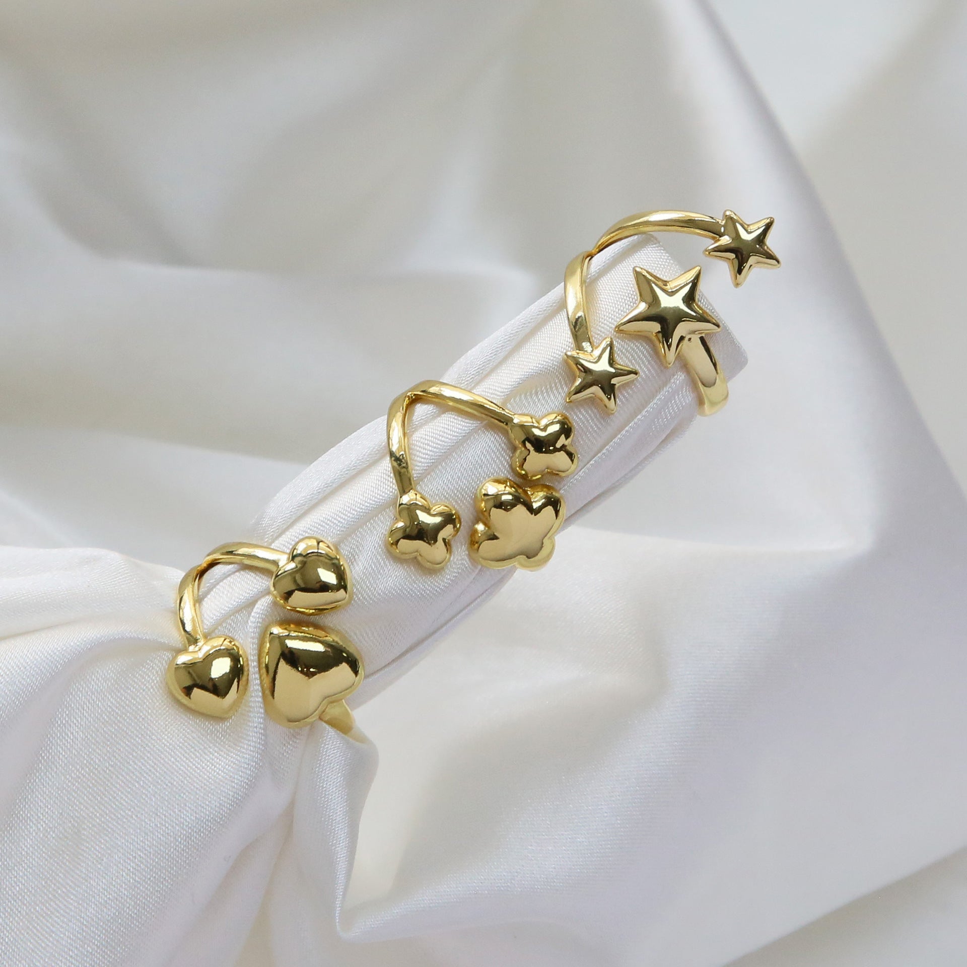 Wholesale High-End Brass Color-Preserving Glossy Large and Small Love Heart-Shaped Star Flower-Shaped Fashion Open Ring