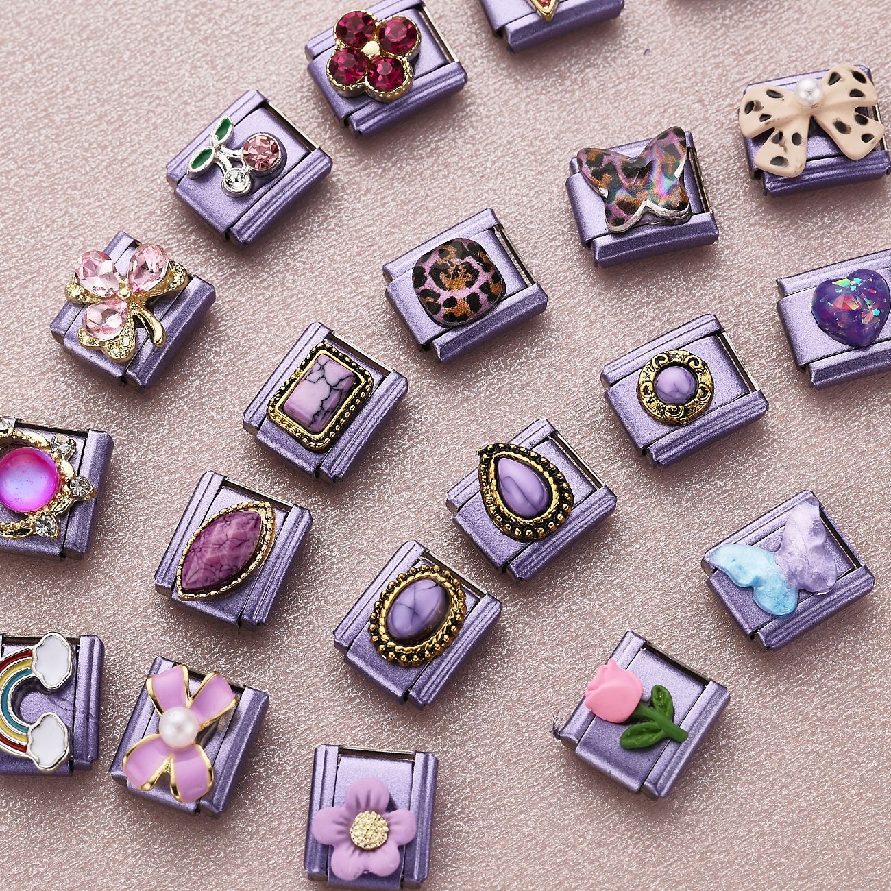 Wholesale 10pcsElegant Fashion Light Purple Italian Module Bow Flower Design DIY Stainless Steel Bracelet Accessories