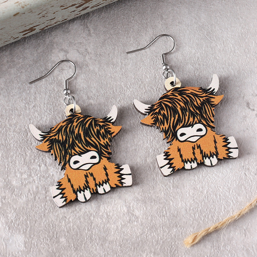 Wholesale western style retro  cow head  double-sided wooden earrings