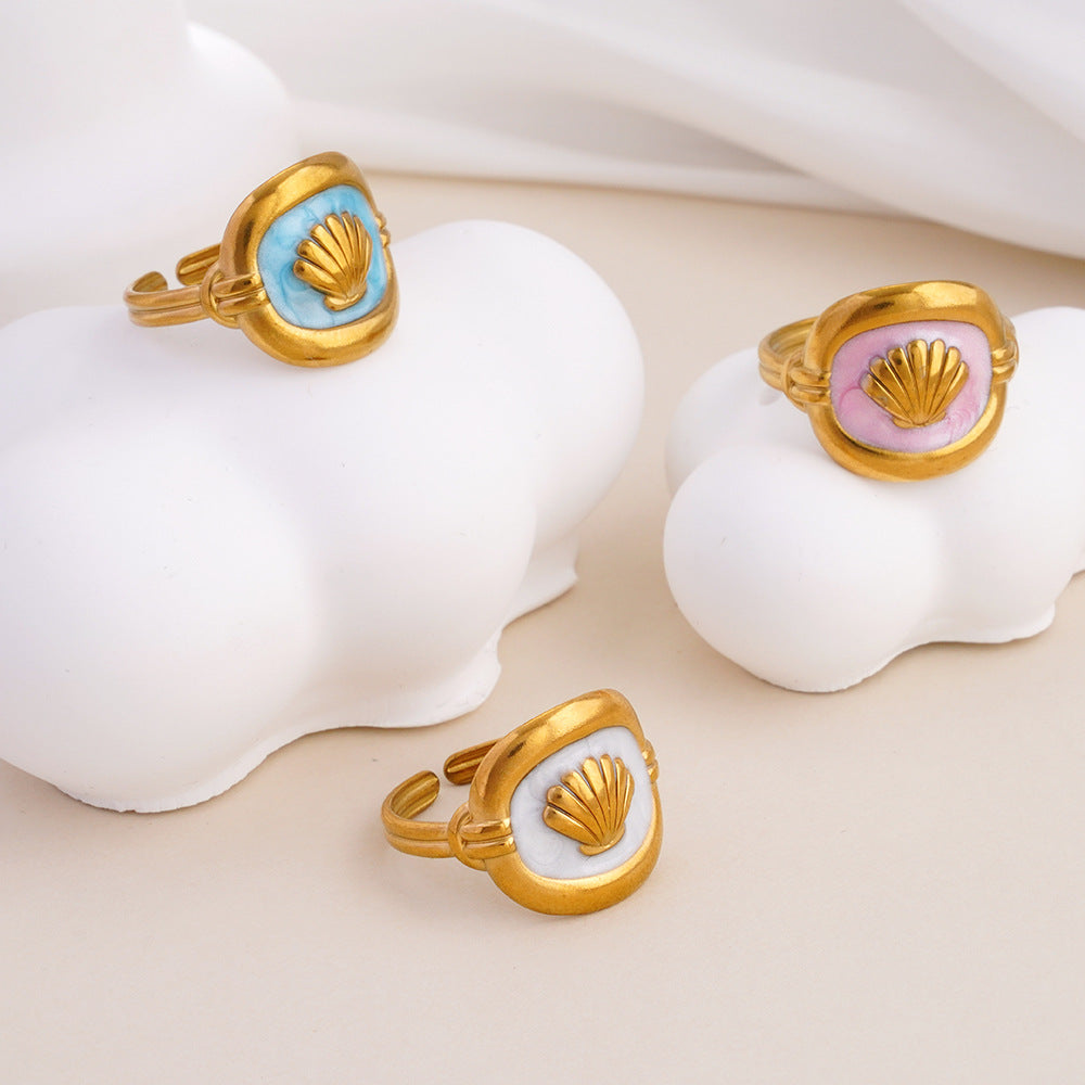 Wholesale Shell Flower Oil Drop Blue Ring Stainless Steel Women S Fashion Jewelry Accessory
