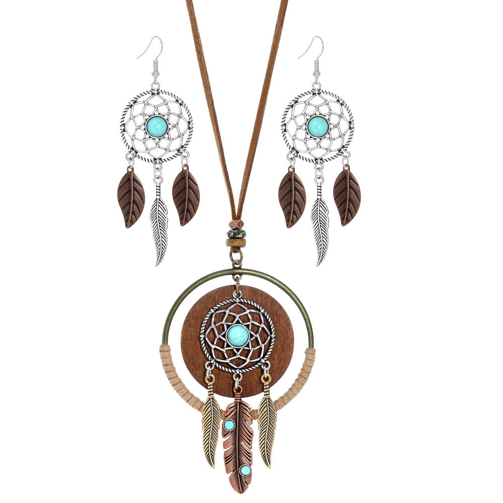 Wholesale Dream Catcher  Web Earrings and Necklace Set,  Alloy with Feather Tassel,  Ethnic Style Jewelry for Gift,  Party,  or Resale