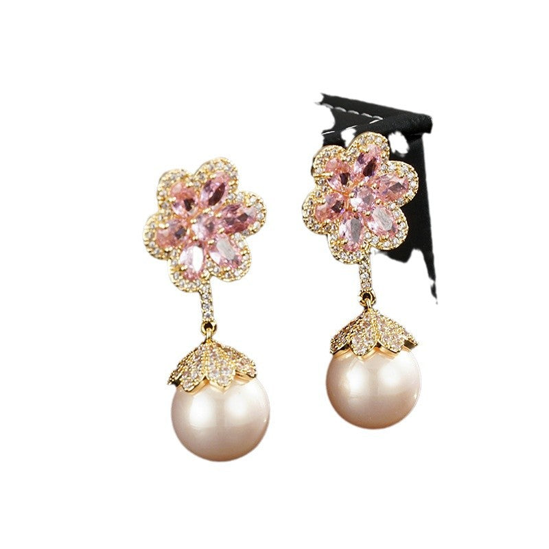 Wholesale Light Luxury Pink Zirconium Flower Earrings