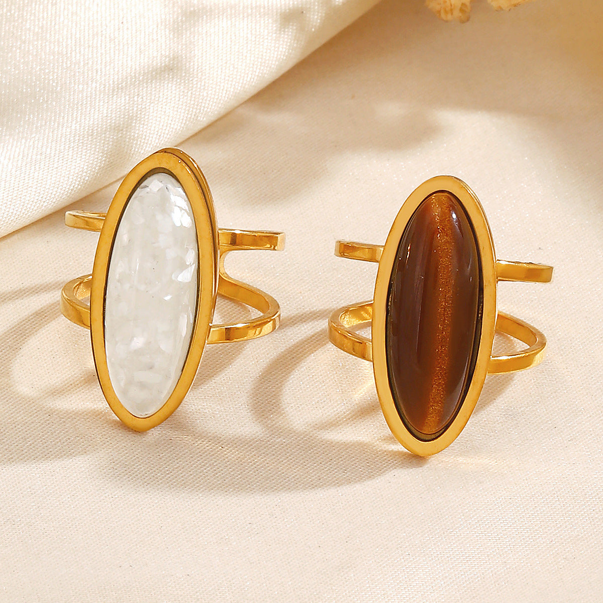 Wholesale Stainless Steel Tiger Eye Stone Geometric Oval Wide Ring for Women - Stylish Hip-Hop Jewelry Accessory