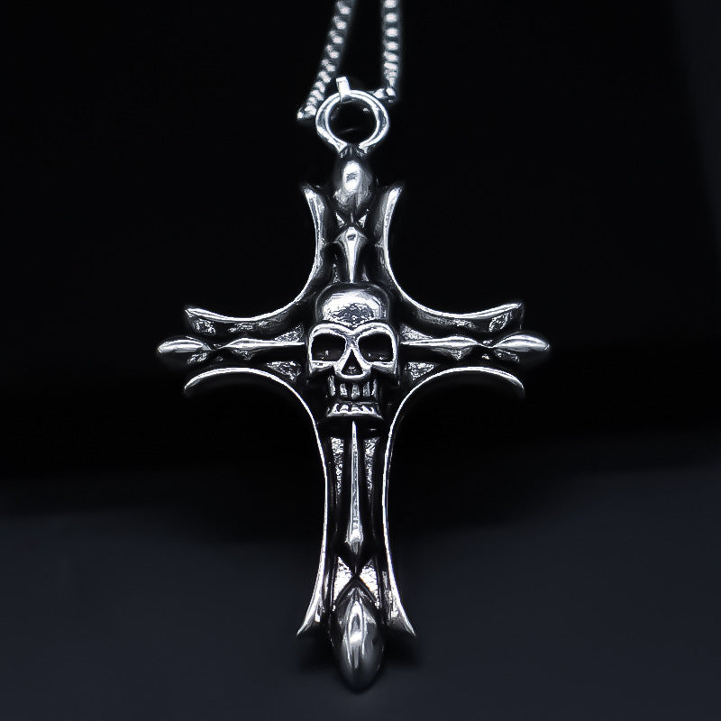 Wholesale Alloy Silver Punk Skull Cross Pendant Necklace Fashion Jewelry Accessory For Everyday