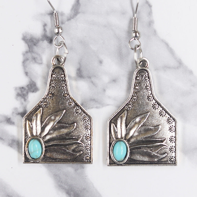 Wholesale Western old denim style alloy turquoise sunflower cactus retro ethnic style flower earrings