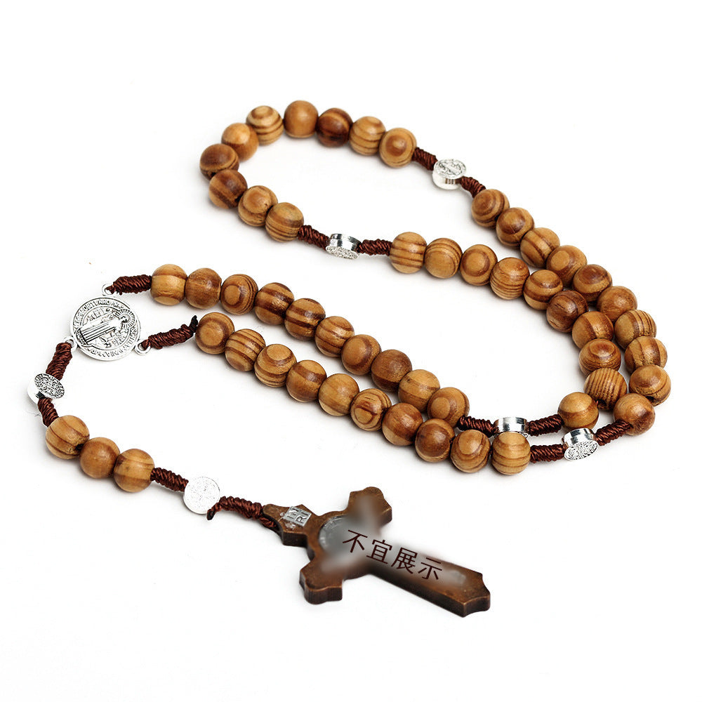 Wholesale Natural Wood Beads Cross Rosary Necklace Handwoven ACC-NE-Chengz002