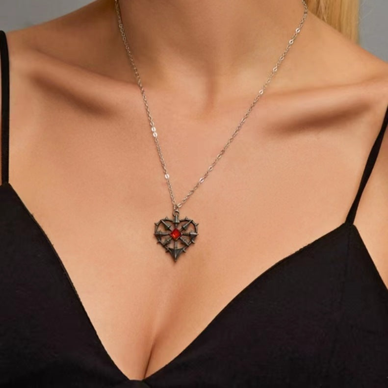 Wholesale Gothic Red Heart Pendant Necklace Alloy Cross Chain Vintage Tin Finish Fashion Accessory