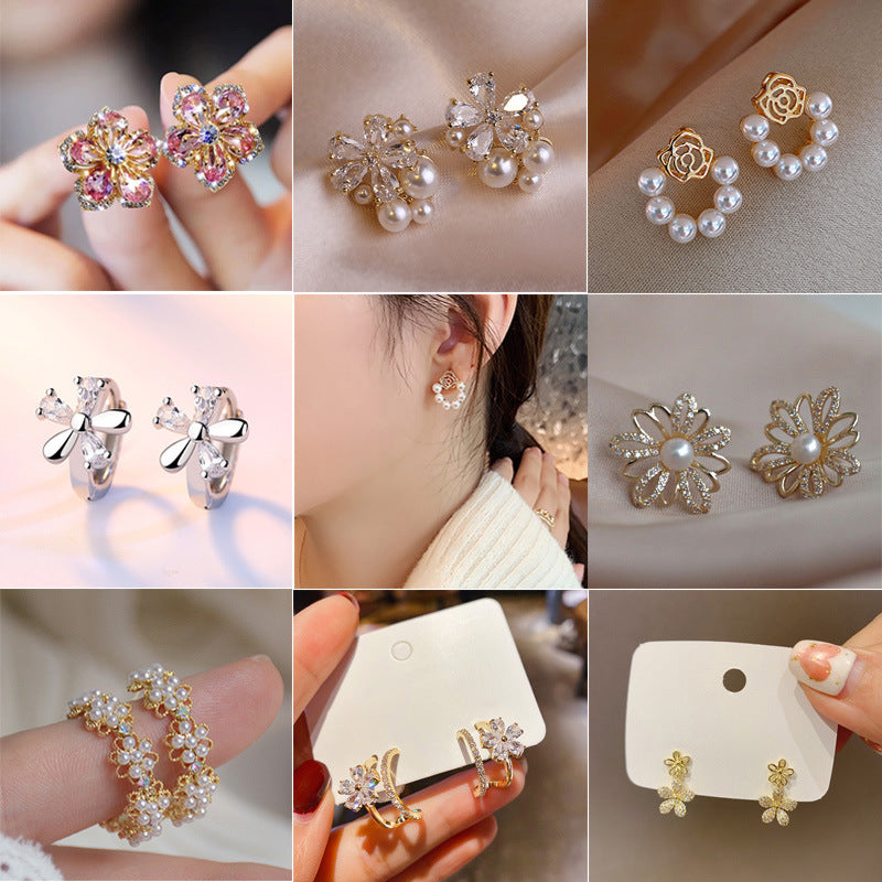 Wholesale S925 silver needle earrings fashion flower zircon Pearl Crystal ear studs earrings