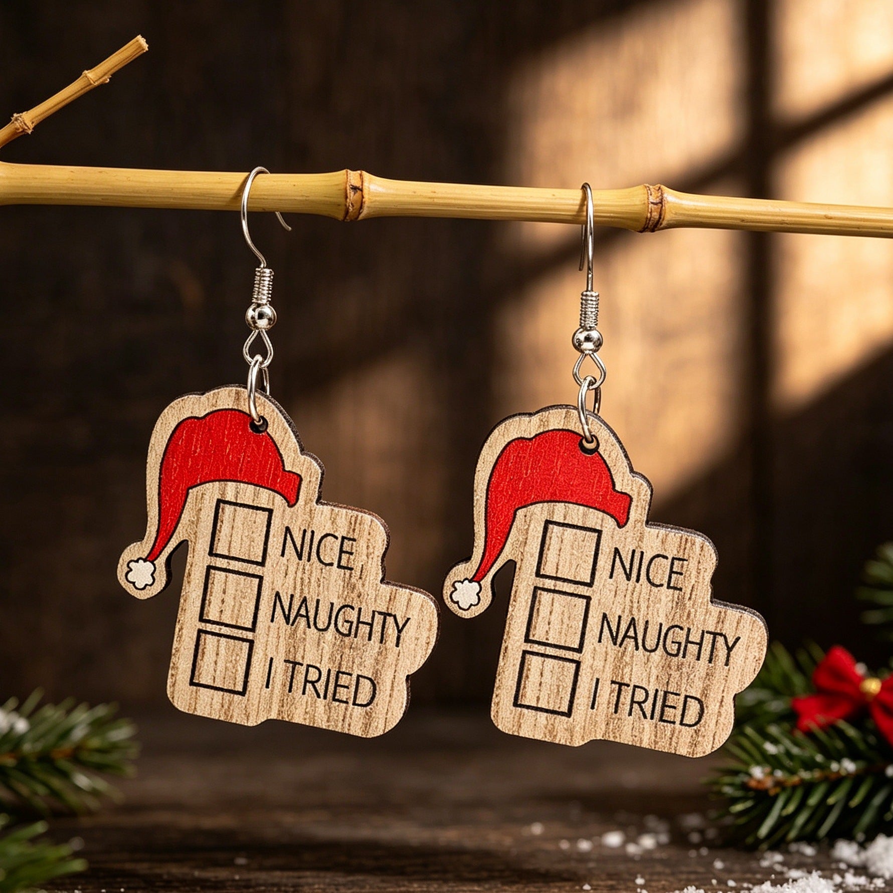 Wholesale Wooden Christmas Earrings With Santa Hat Print Letter Design Stylish Jewelry Accessory For Party And Gift