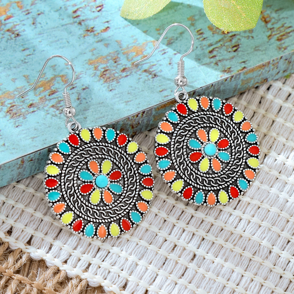 Wholesale Alloy Retro Ethnic Turquoise Bohemian Geometric Oil Drip Earrings Jewelry Accessory
