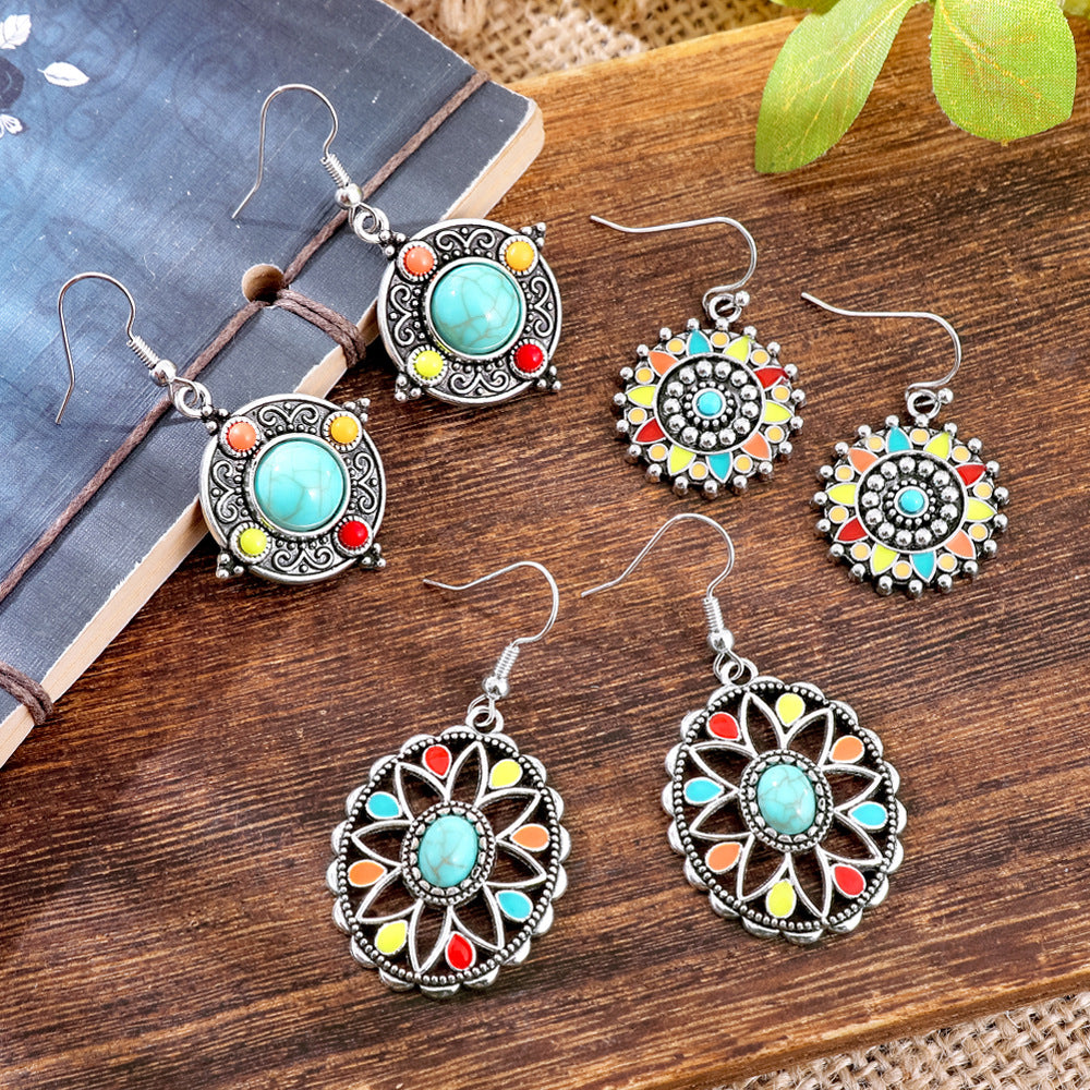 Wholesale Alloy Retro Ethnic Turquoise Bohemian Geometric Oil Drip Earrings Jewelry Accessory