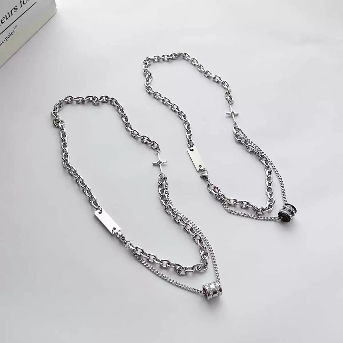 Wholesale Double Layer Titanium Steel Cuban Chain Necklace with Diamond Bead,  Trendy Hip Hop Jewelry Accessory for Men