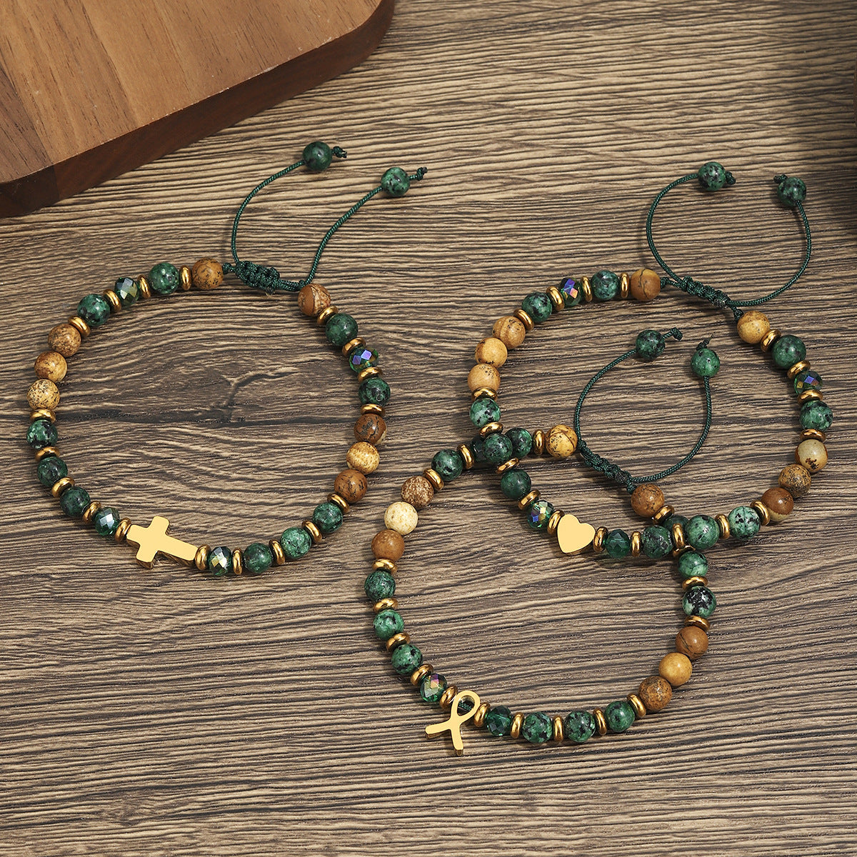 Wholesale Natural Stone Bracelet With Heart Cross Pendants Gold Stainless Steel Beaded Adjustable Unisex Jewelry