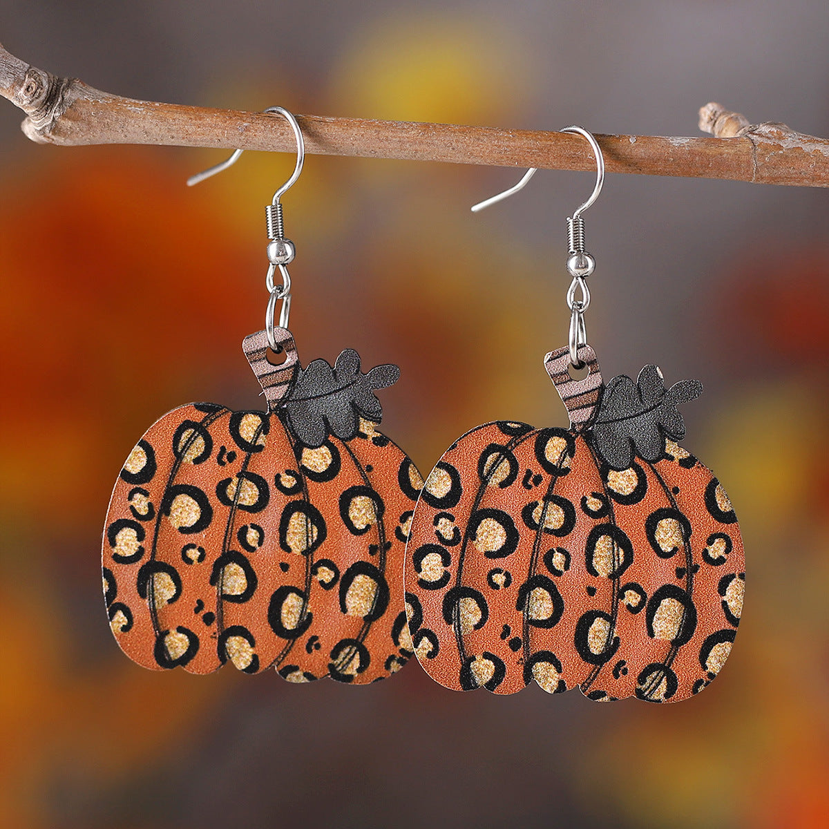 Wholesale Thanksgiving Day Leopard Print Pumpkin Pendant Wood Earrings ACC-ES-ChuLian030