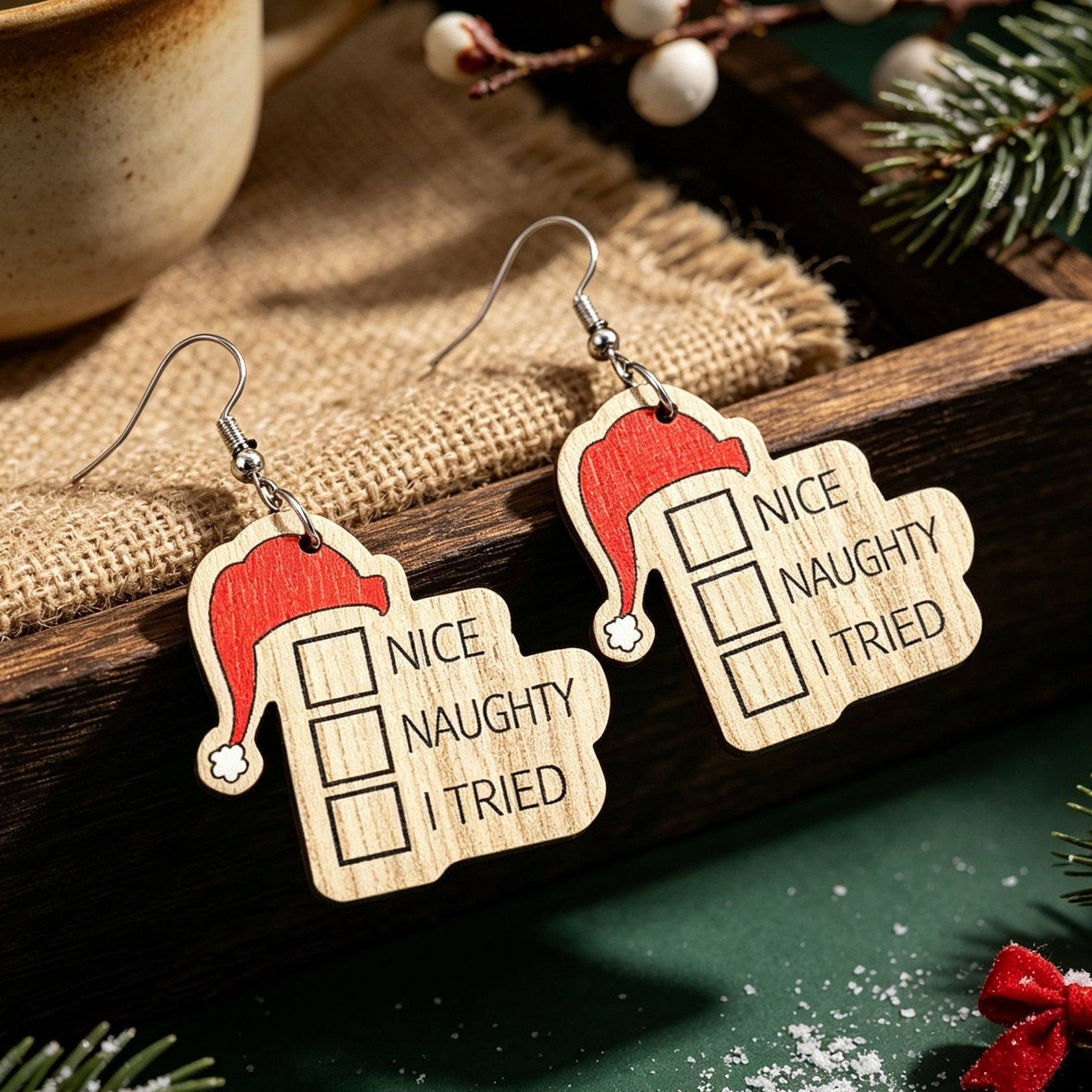 Wholesale Wooden Christmas Earrings With Santa Hat Print Letter Design Stylish Jewelry Accessory For Party And Gift