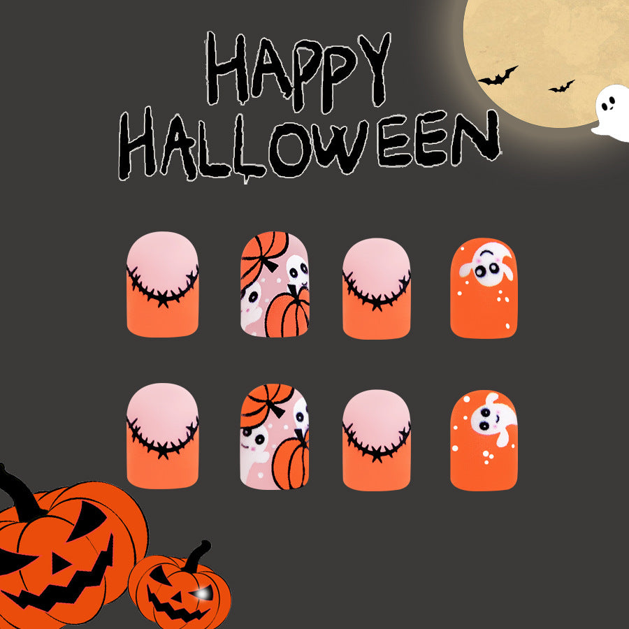 Wholesale 24 Pieces/box Cute Pumpkin Ghost Halloween Frosted Press-on Nails Kits Nail Stickers ACC-NS-GuaiXL071