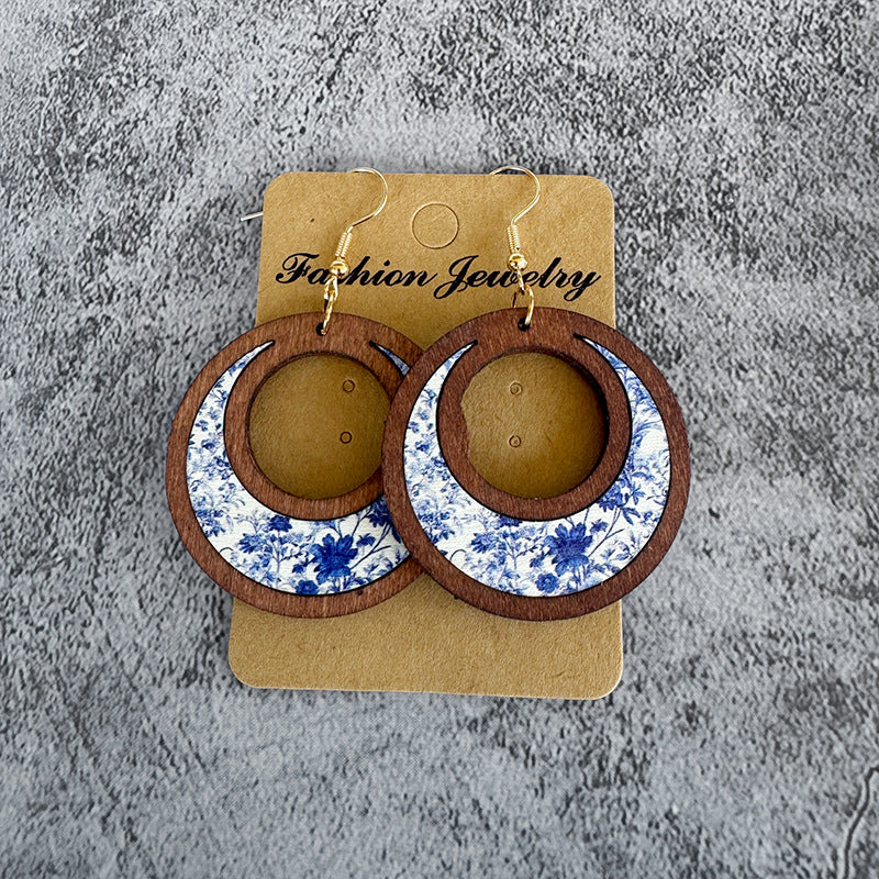 Wholesale Floral wooden earrings sunflower double ring inlaid earrings