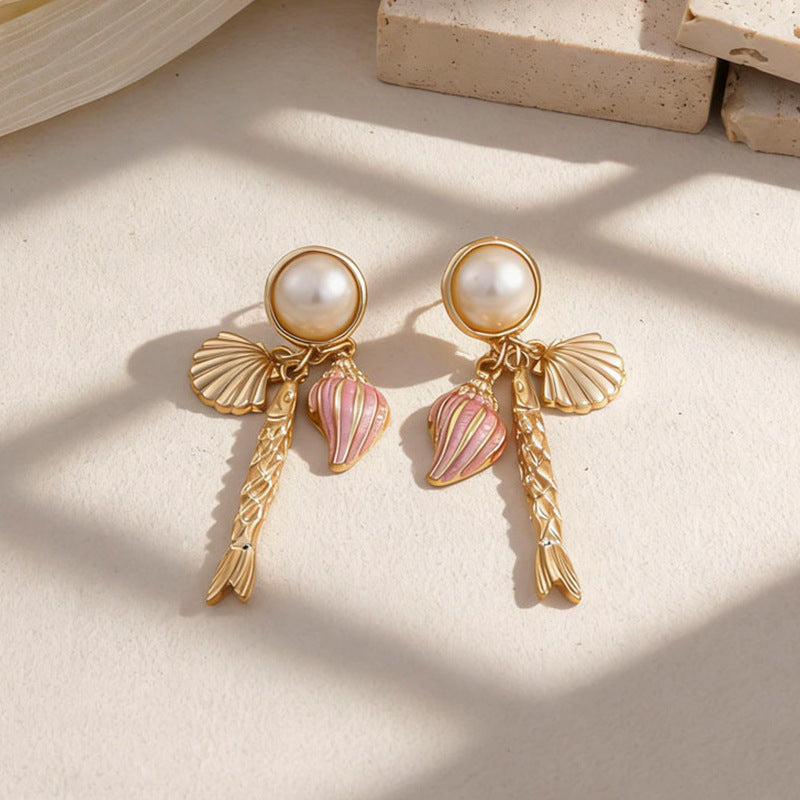 Wholesale Ocean-Inspired Textured Gold Conch and Starfish Stud Earrings