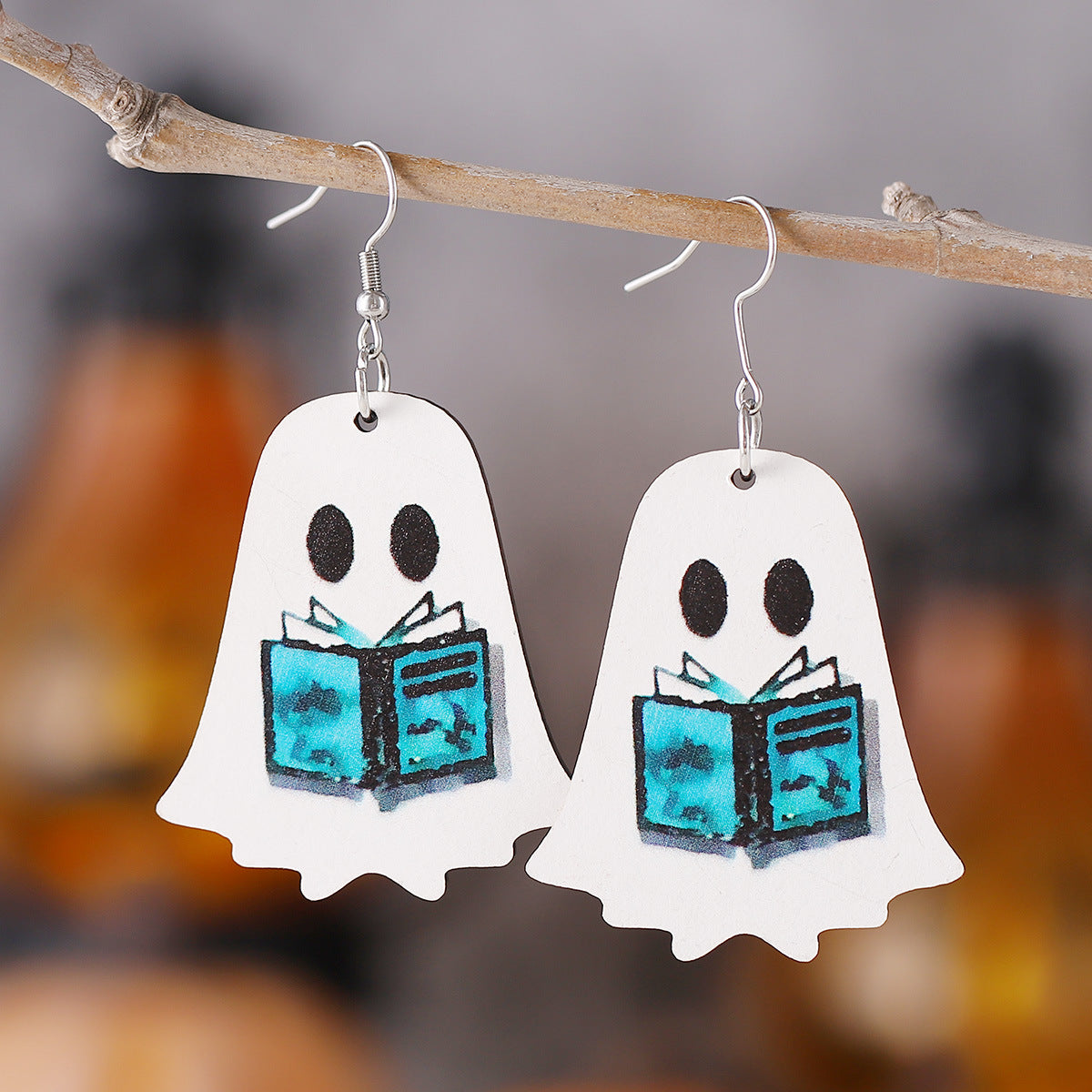 Wholesale Halloween Gothic Style Cute Ghost Flower Book Pocket Ghost Pendant Wooden Double Sided Earrings