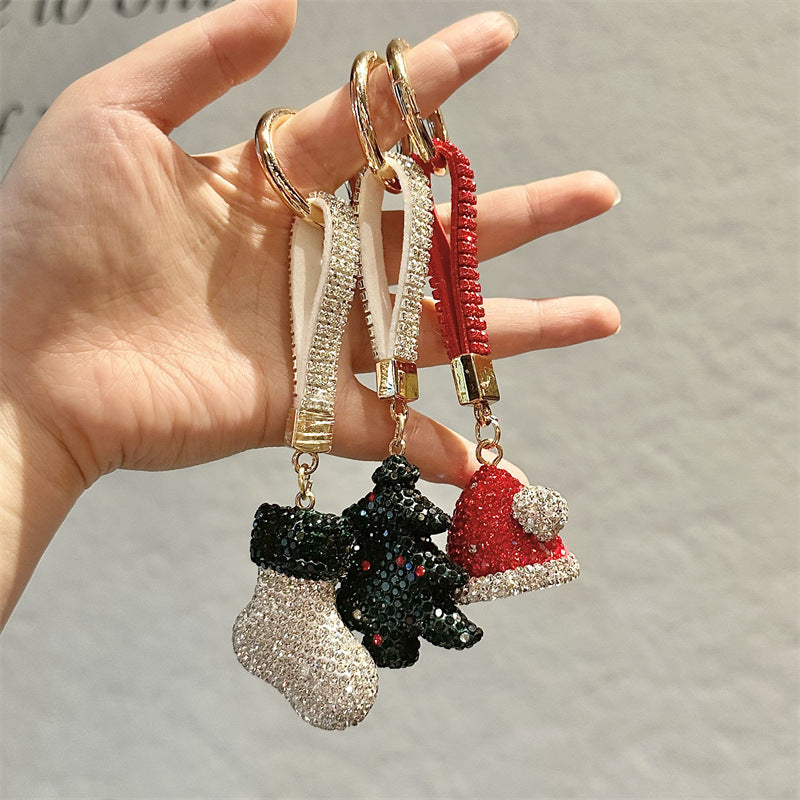Wholesale diamond-encrusted Christmas keychain,  cartoon Christmas tree metal keychain