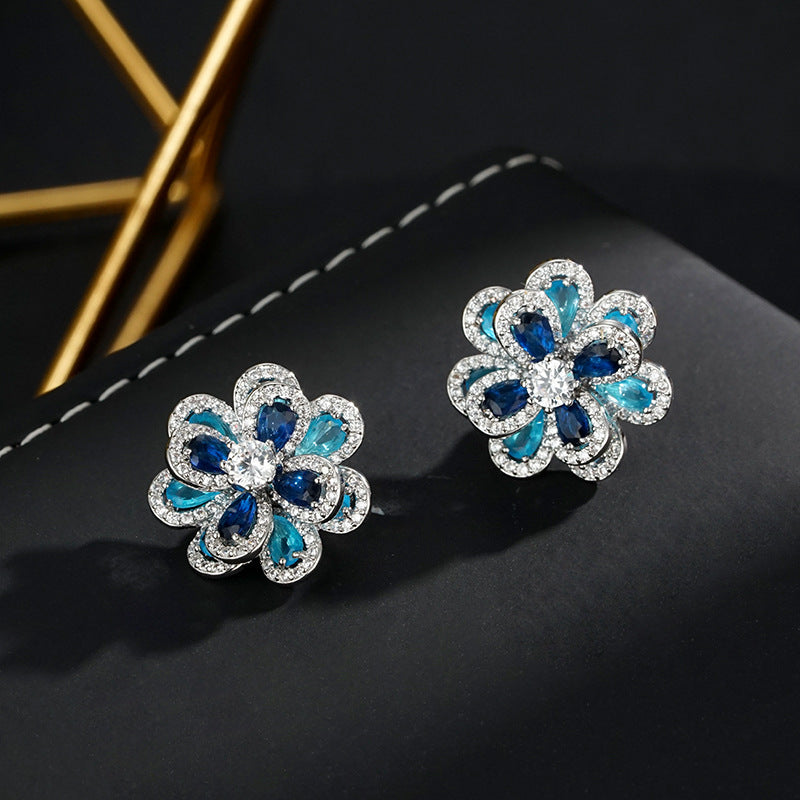 Wholesale sapphire blue double-layer flower zircon earrings