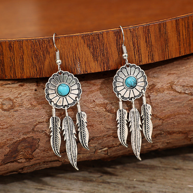 Wholesale Electroplated Alloy Retro Turquoise Dreamcatcher Feather Tassel Earrings Fashion Accessory