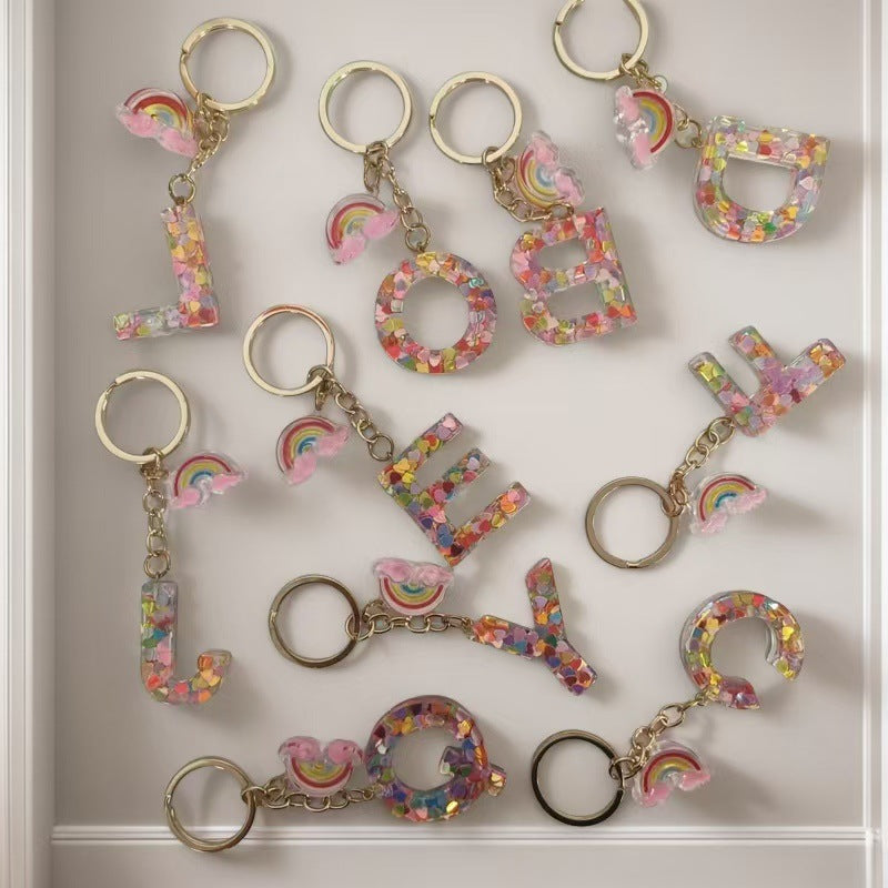 Wholesale Trendy Resin Alphabet Letter Keychains 26 A Z Iridescent Sequin Charm Set Party Gift Bag Charm Boutique Resale Accessory