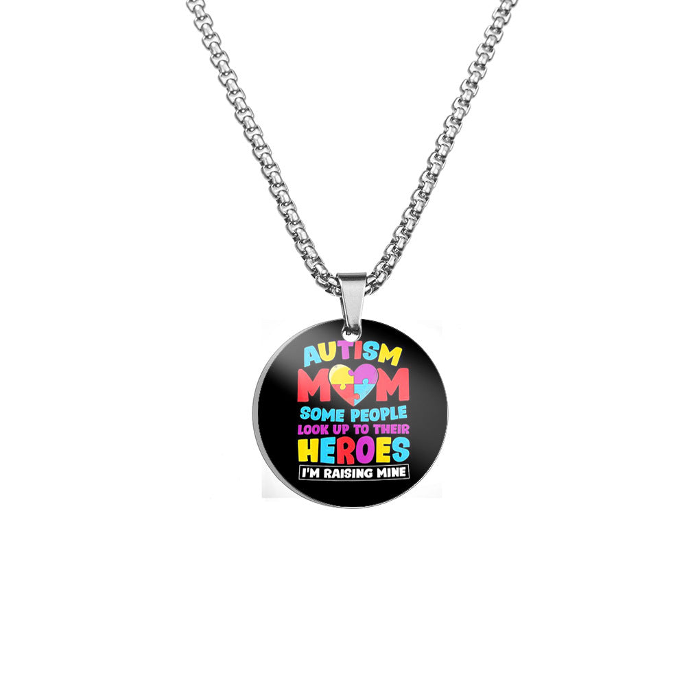 Wholesale Autism MOM Puzzle Color Printed Pendant Stainless Steel Necklace Mother's Day ACC-NE-HuanYu004